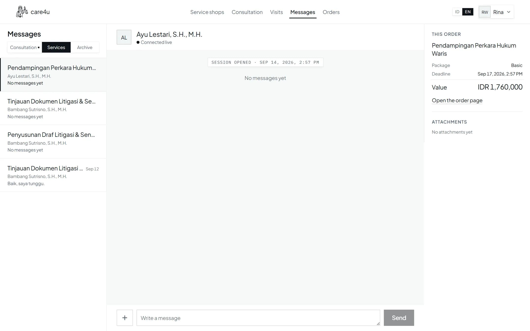 Screenshot of a care4u chat thread with the free message quota shown