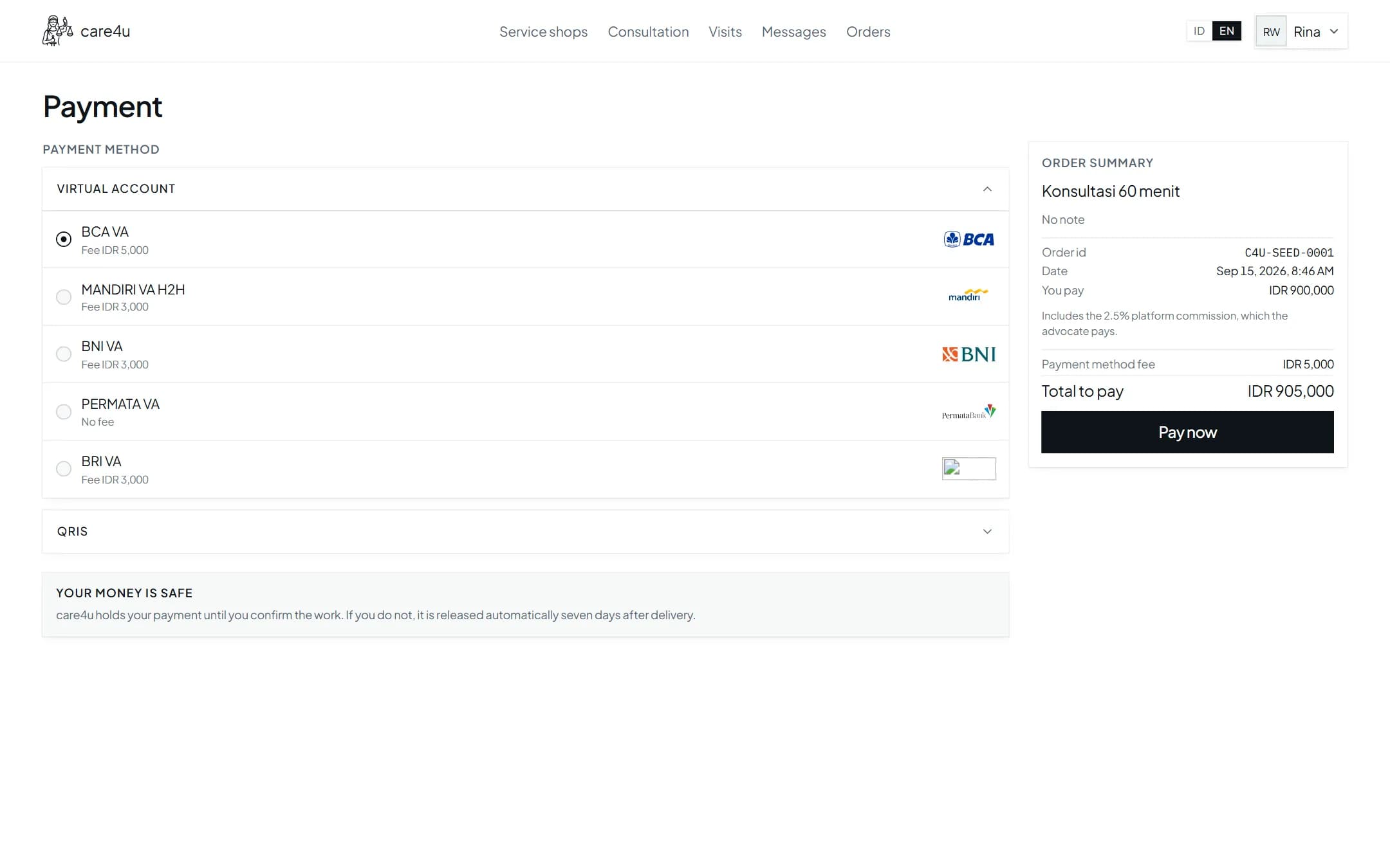 Screenshot of the care4u payment page with its channel list and fee summary