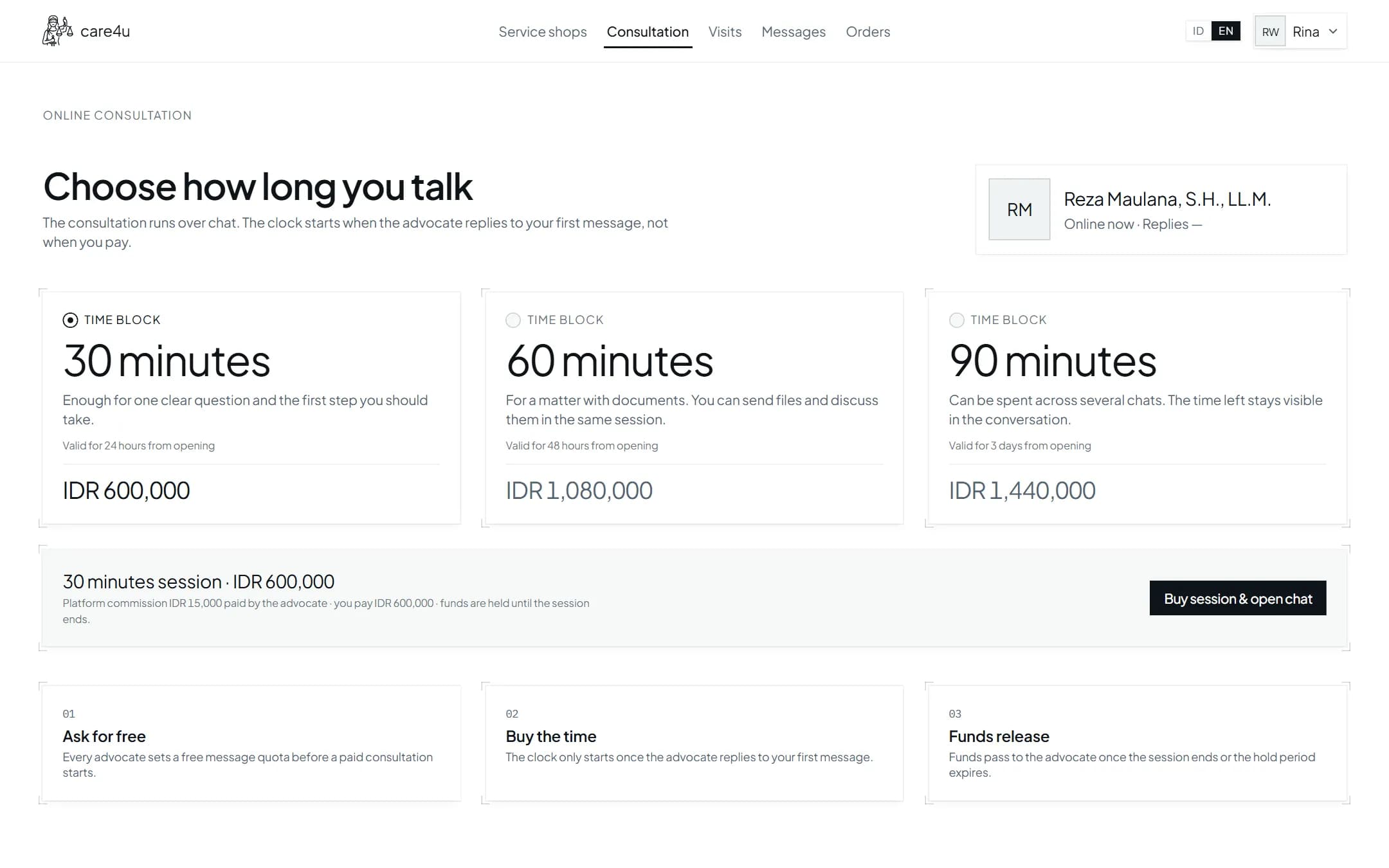 Screenshot of the care4u consultation picker choosing a session length