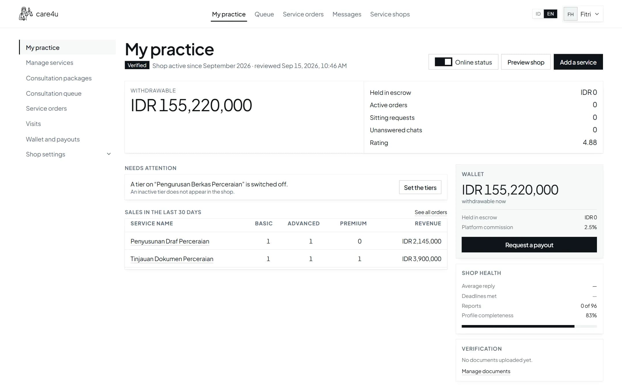 Screenshot of the care4u practice dashboard with the wallet strip