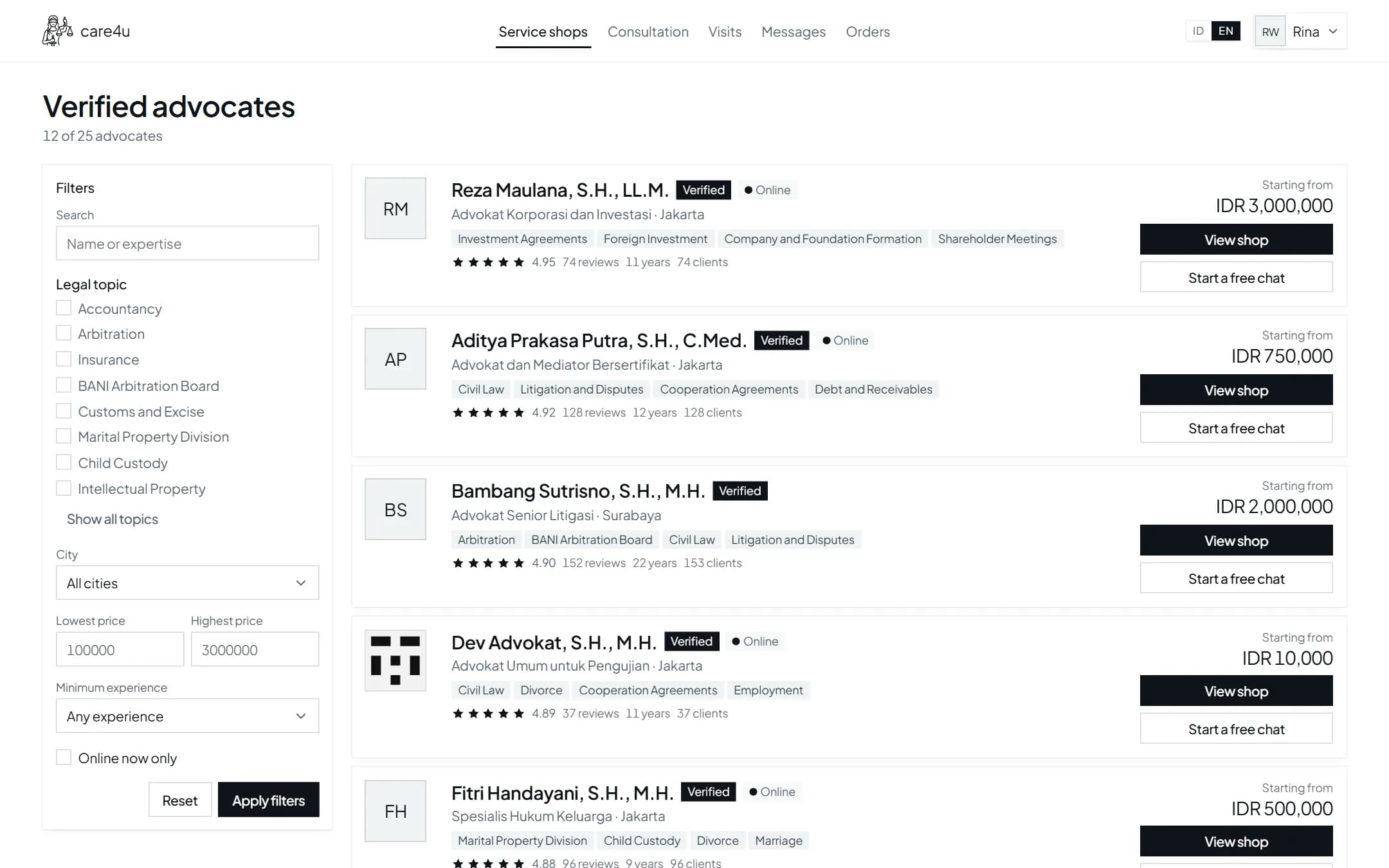 Screenshot of the care4u advocate directory with topic, city and price filters