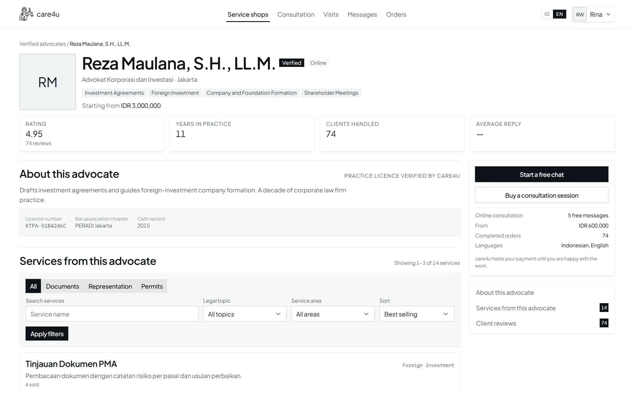 Screenshot of an advocate's service shop on care4u with its three tiers