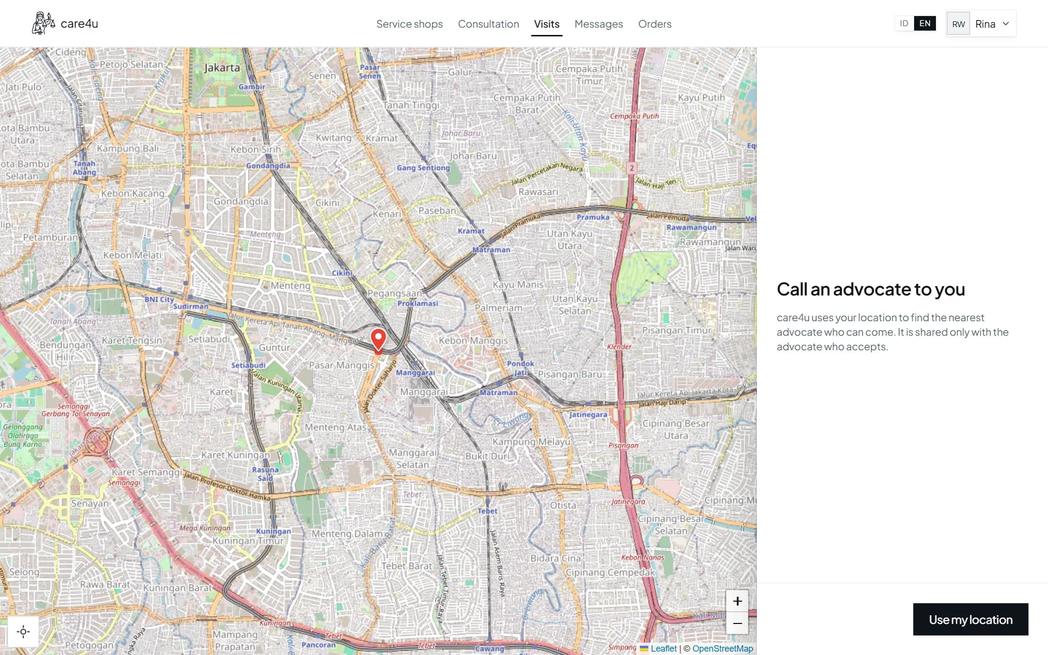 Screenshot of the care4u visit page with the location map and the use my location button
