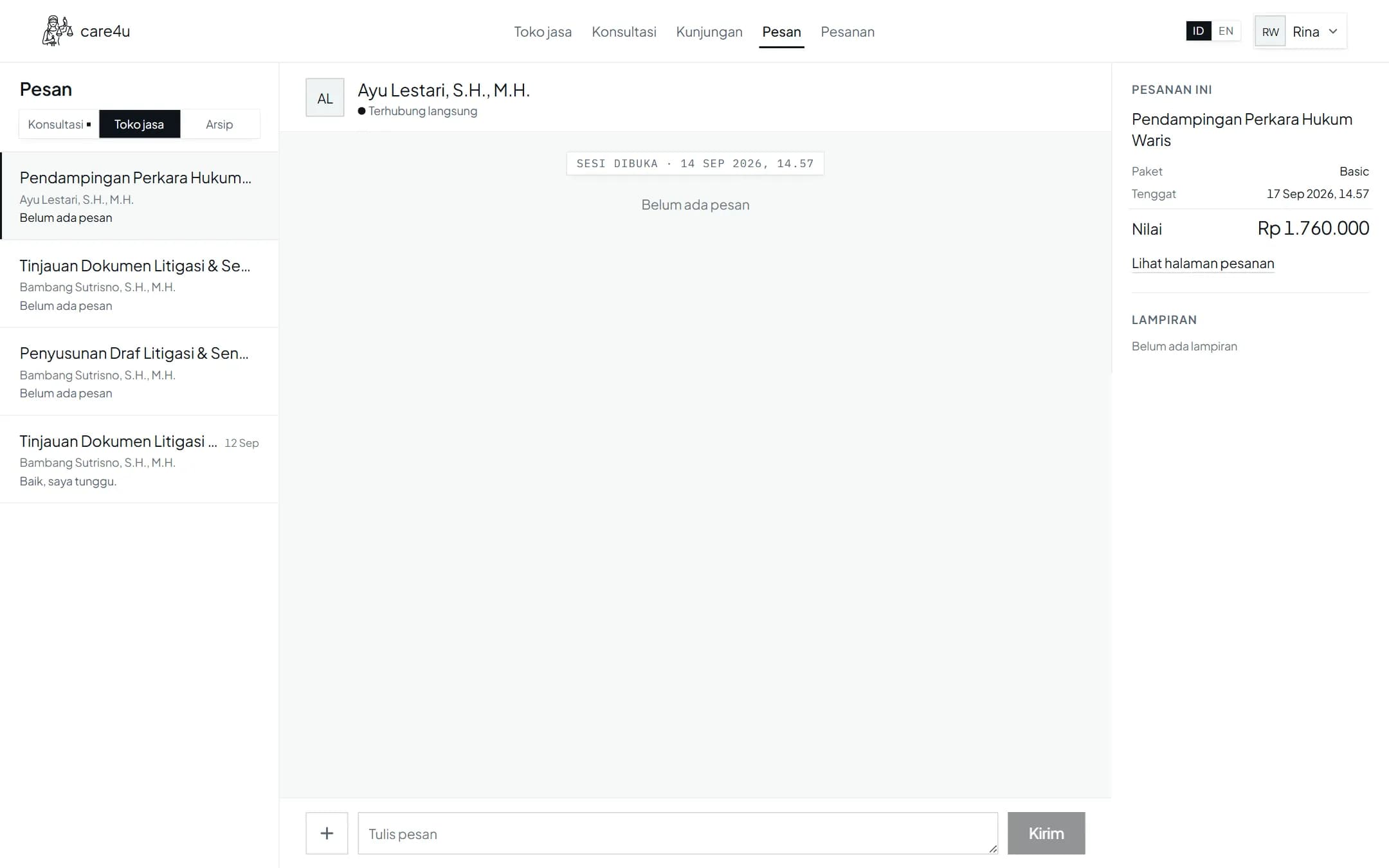 Tangkapan layar percakapan care4u dengan sisa kuota pesan gratis