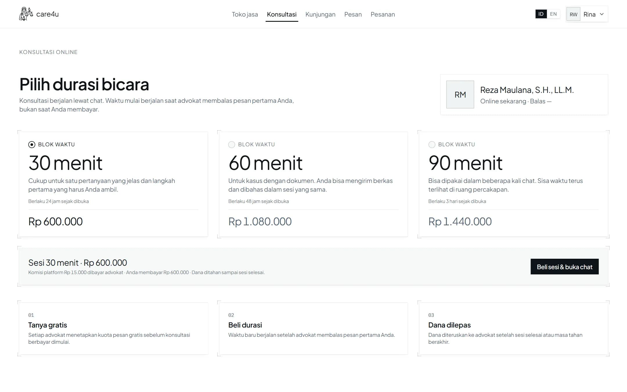 Tangkapan layar pemilih durasi konsultasi di care4u